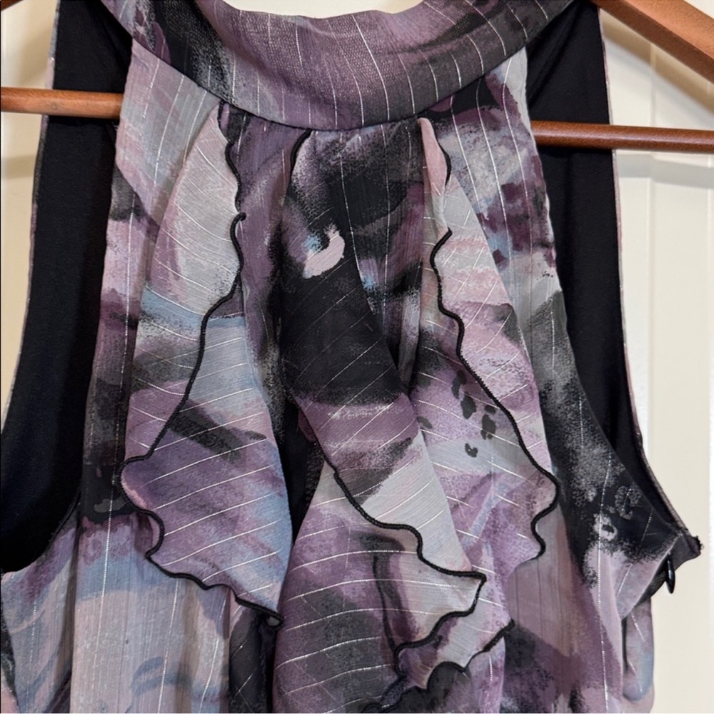 Ruffle Front Blouse Purple Black Sleeveless Halter Dressy Top Small - Picture 3 of 8